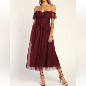 Lulus Regal Radiance Burgundy Tulle Bustier Midi Dress XS